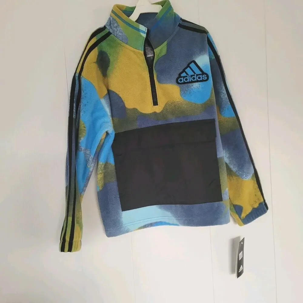 New Boy's ADIDAS Cozy Fleece Half Zip‎ Popover Jacket Size 8 Medium Camo $50